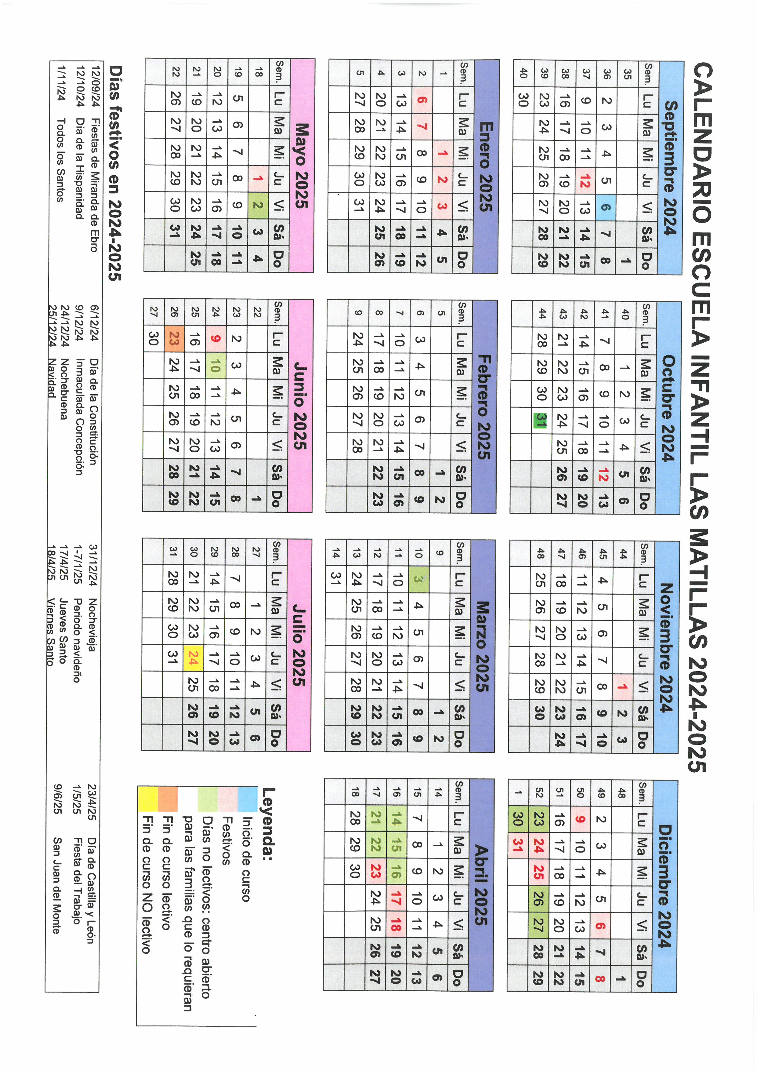 Calendario I Ciclo de Infantil 24-25